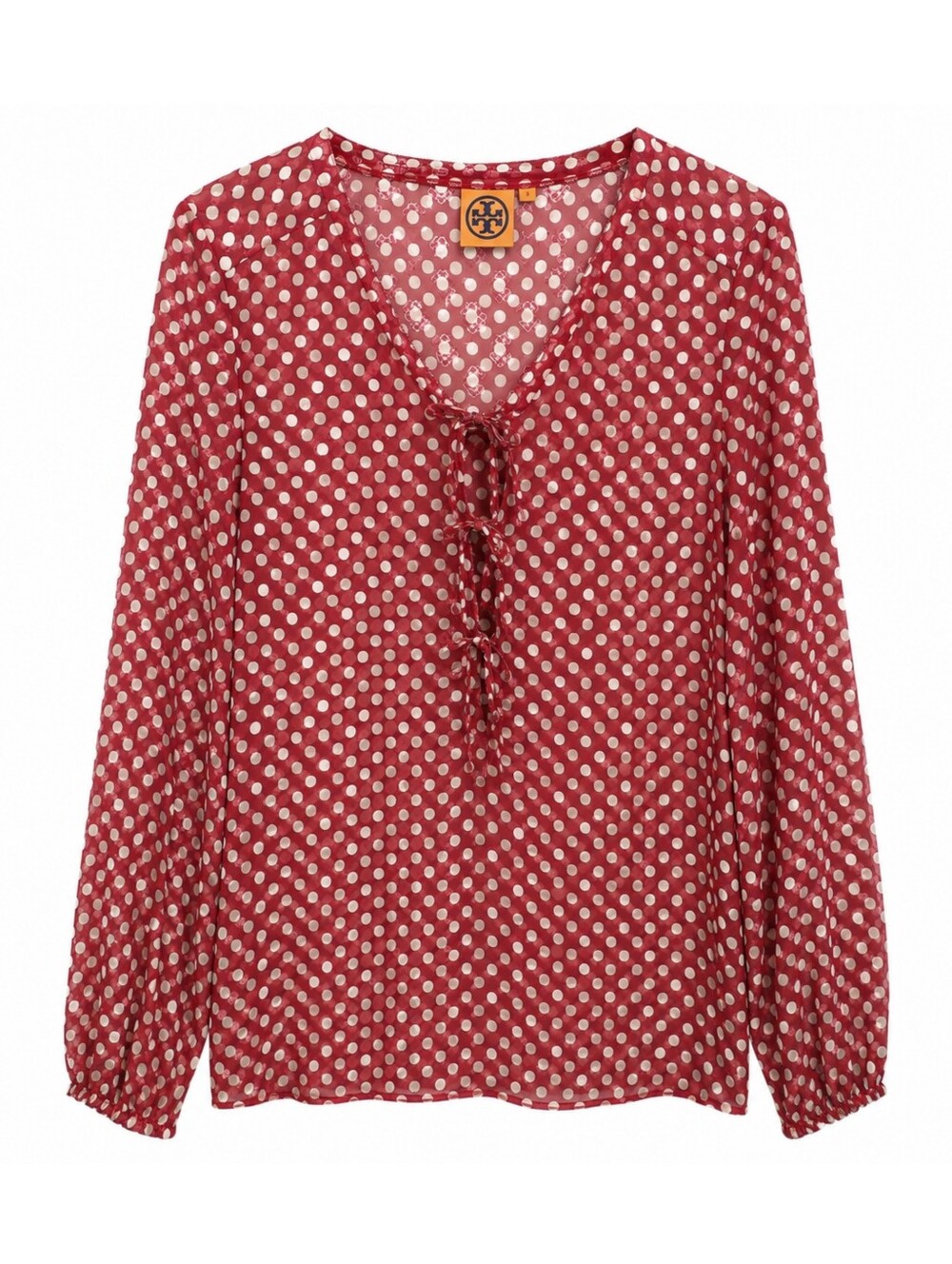 Tory Burch Silk Blend Textured Red Polka Dot Tie Front Blouse Size 8